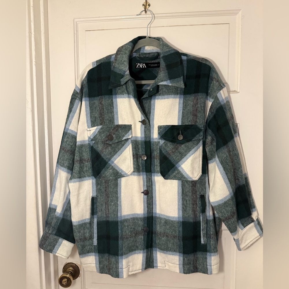 Zara Green and White Wool Blend Shacket